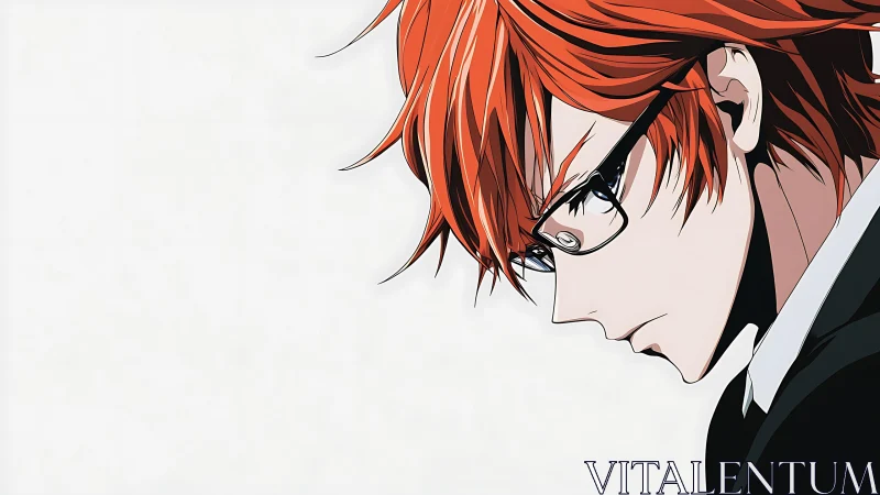 Brooding red haired student in profile on stark white field.