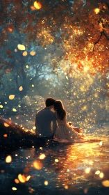 Couple in Golden Light by Glowing Tree at Night