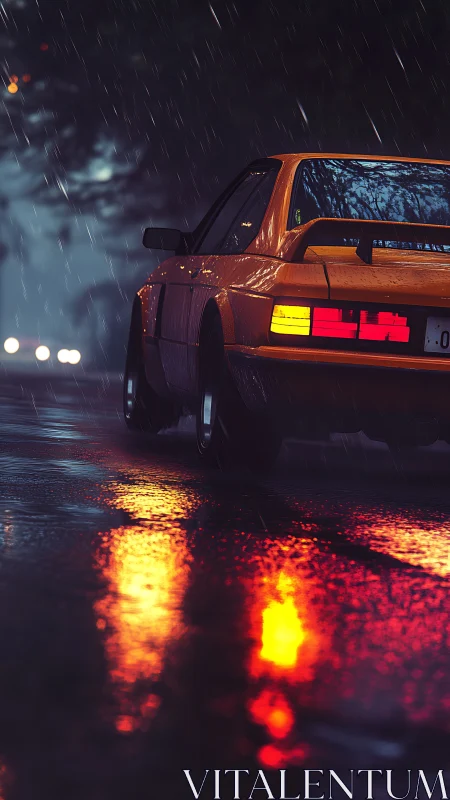 Rear view of parked coupe in rainfall on wet city street