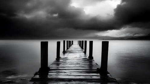Monochrome pier receding into mist under dramatic storm clouds
