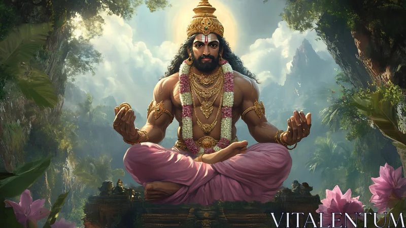 Divine yogic sage levitating in lush misty jungle sanctuary