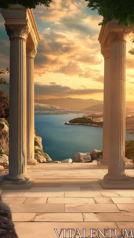 Sunlit ancient seaside columns inviting a tranquil escape.