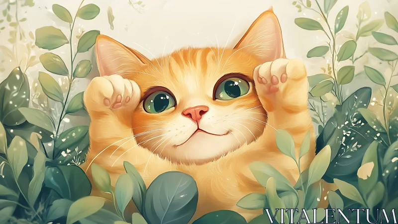 Orange Tabby Cat with Paws Raised Among Botanical Foliage Elements