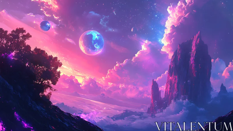 Twin moons above neon cliffs in cosmic sunrise vista.