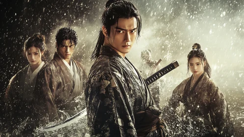 Stormlit samurai stare down destiny amid churning water fury