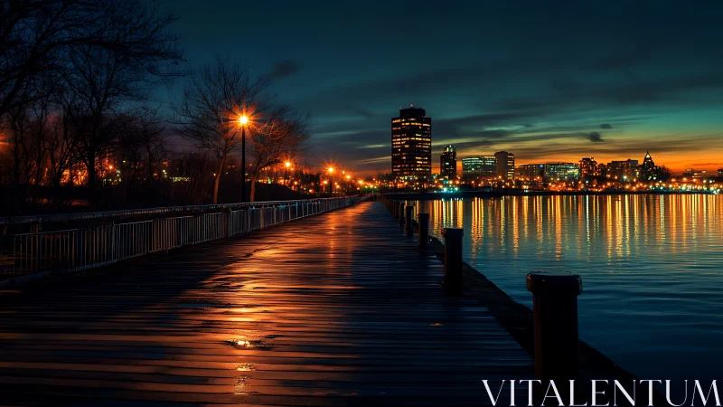 Calm city pier glowing softly under a peaceful night sky.