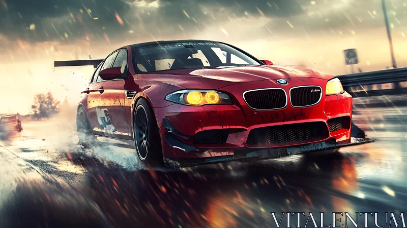 Red BMW race car on wet track under dynamic lighting conditions.
