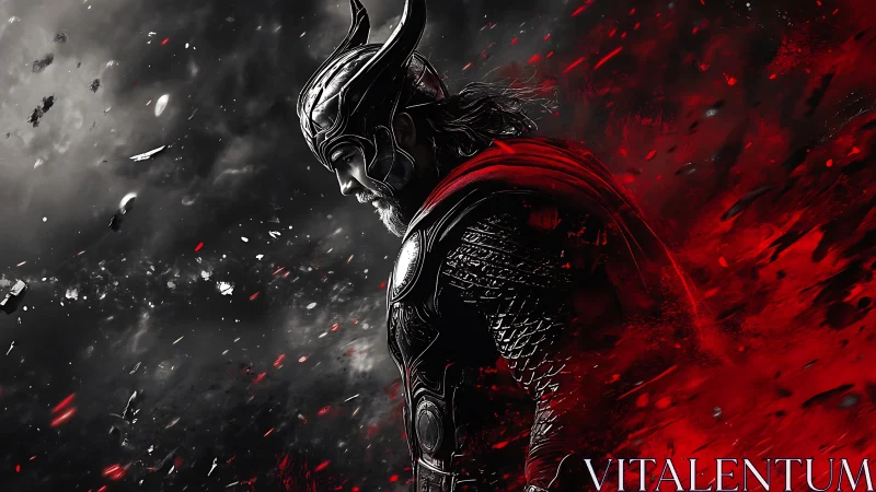 Digital painting of armored warrior in red-black atmospheric field.