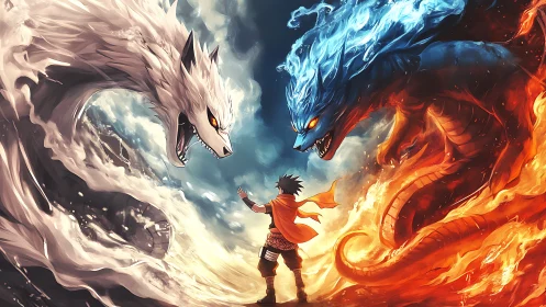 Elemental dragon convergence around cloaked summoner nexus.