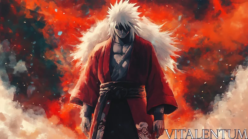 White haired warrior in red robe against blazing sky.