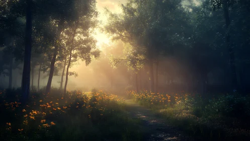 Forest path with morning light through tall trees and yellow wildflowers