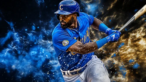 Baseball batter swings in blue uniform with dynamic energy