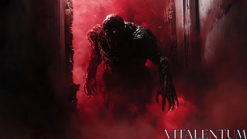 Shadow creature emerges through red smoke in narrow corridor