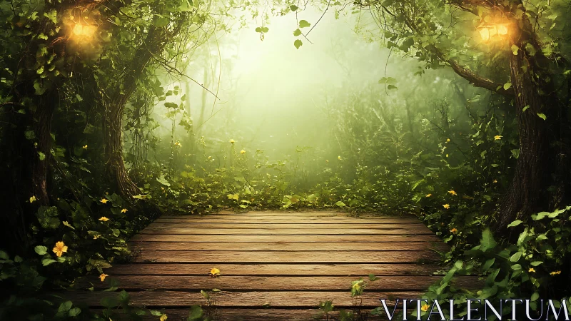 Forest Path with Wooden Boardwalk and Warm Ambient Illumination