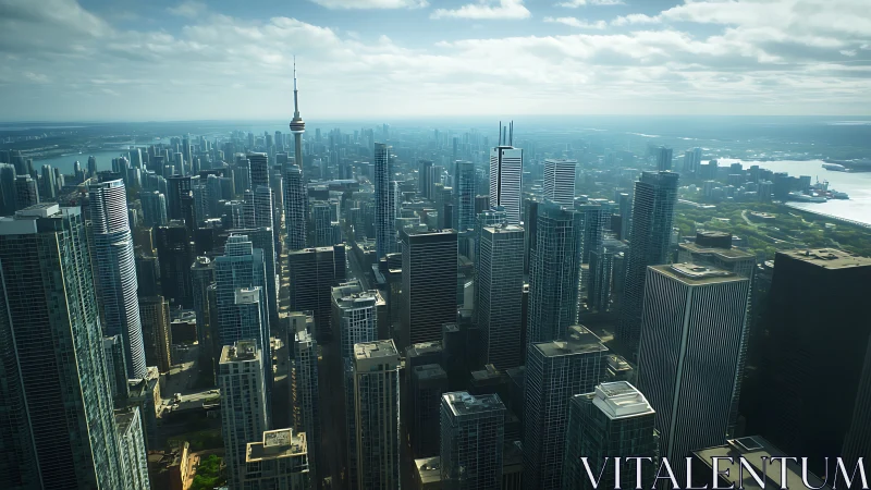 Glass canyons march to the horizon as one tower leads all