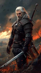 White haired warrior stands armed in burning battlefield.