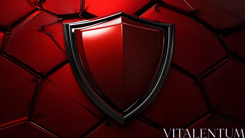 Shiny Red Shield on Geometric Background, Futuristic Digital Style.