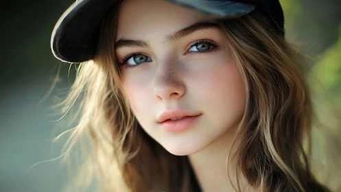 Youthful portrait with soft bokeh, natural light, freckled skin.