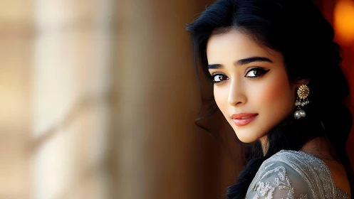 Softly lit portrait of an elegant woman in shimmering lace.