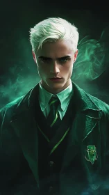 Silver-haired wizard student commands emerald smoke aura.