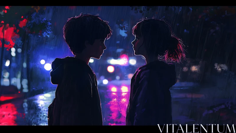 Silhouetted children in rainy night street with neon lights.