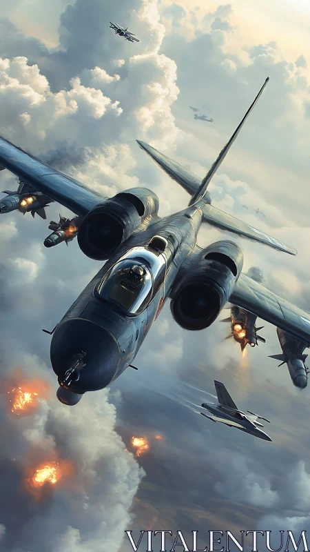 Combat jets in cloudy sky with explosions below.