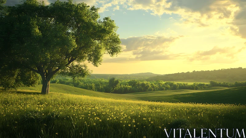Sunlit meadow landscape with lone tree and glowing horizon.