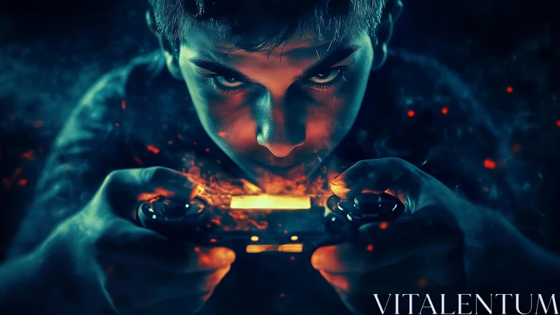 Intense gamer portrait with luminescent controller ignition effect.