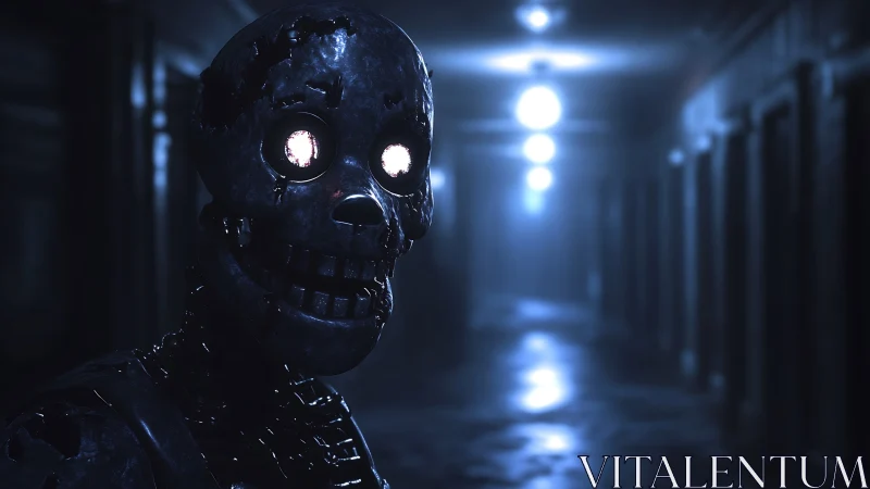 Haunted metal automaton stares down a dark corridor at night.