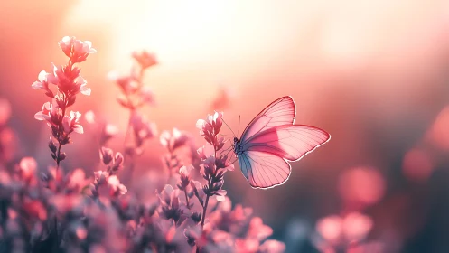 Butterfly on flowering stems in soft pink backlit landscape.