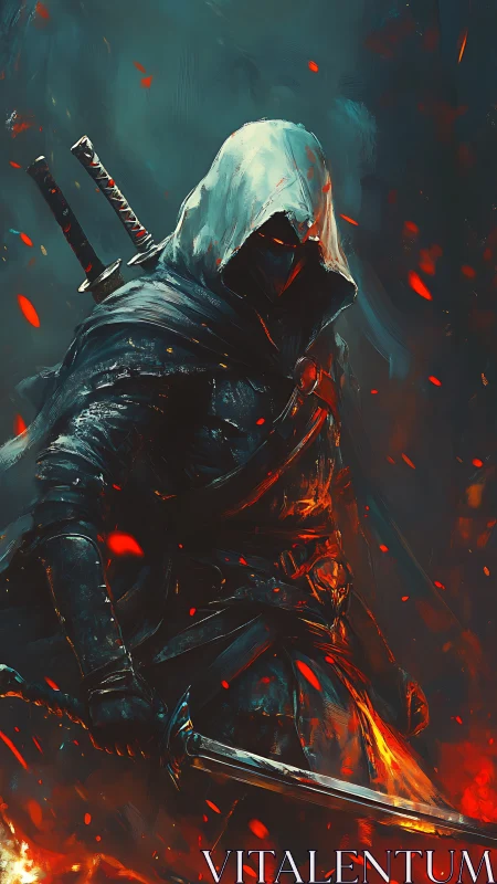 Hooded rogue swordsman rendered in high-contrast fiery palette