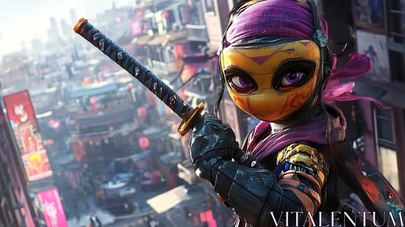 Masked cyberpunk swordswoman overlooking neon city street.