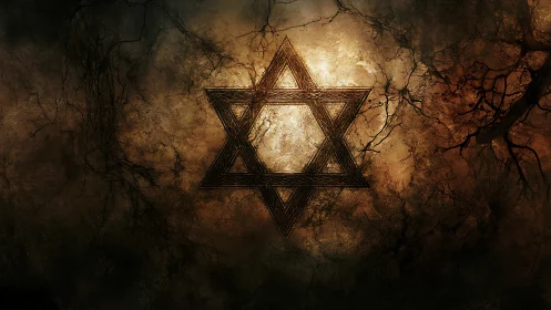 Burnished Star of David glowing in cracked earthen dusk.