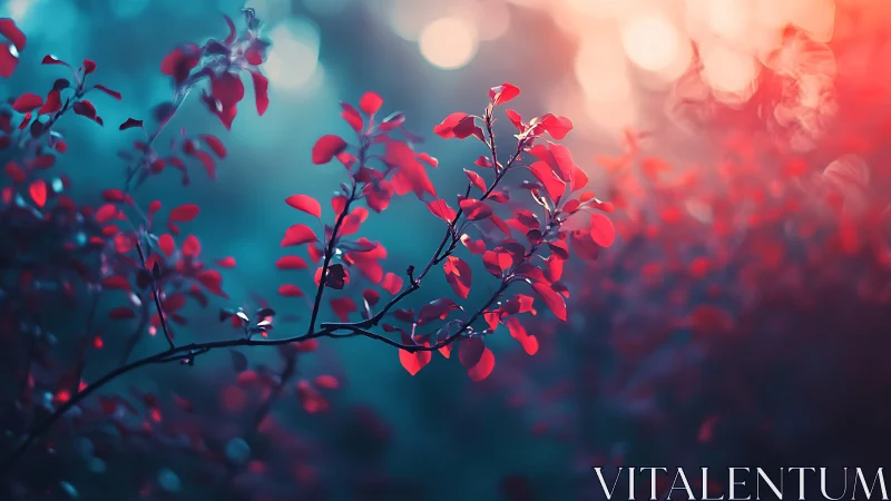 Chromatic bokeh study of red foliage in teal dusk field.