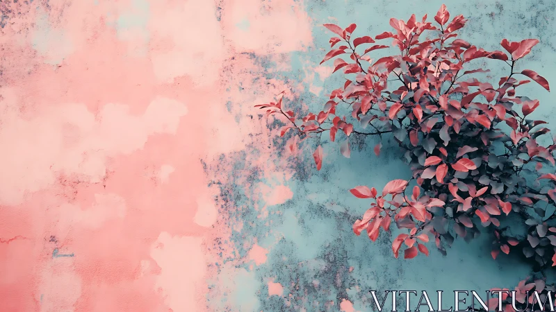 Vibrant pink plant against grunge pastel wall, surreal style.