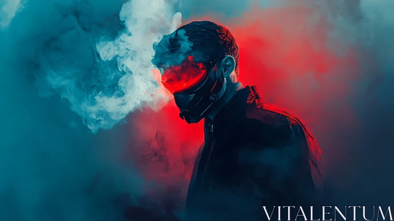 Masked cybernetic figure emerges through neon smoke field