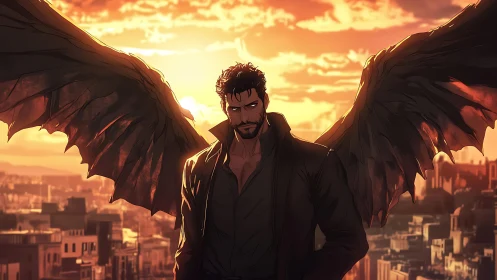 Winged male figure over city skyline at orange sunset.