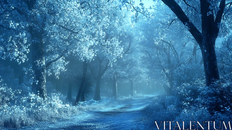 Moonlit frost path winding through a quiet blue forest.