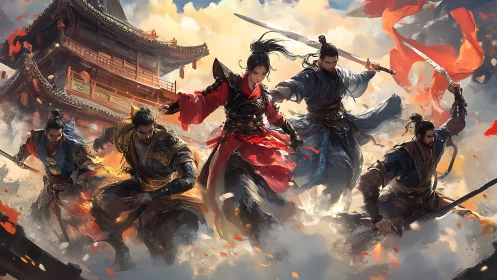 Fierce warrior team charging through swirling battle fire.