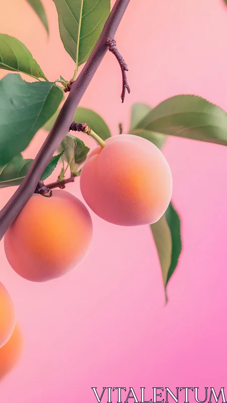 Chromatic gradient peaches on branch with soft bokeh field.