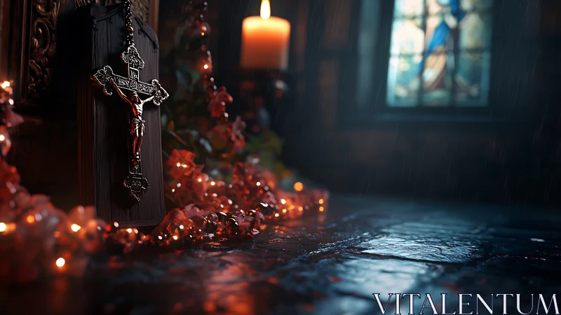 Candlelit crucifix leans into rainlit stone and quiet color