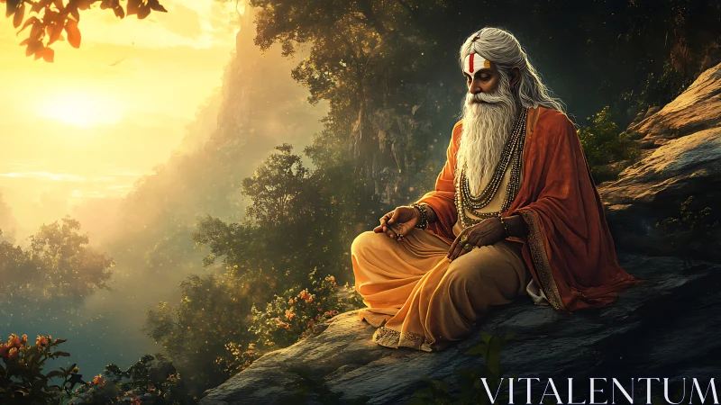 Meditating sage in orange robes on a sunlit mountain cliff.