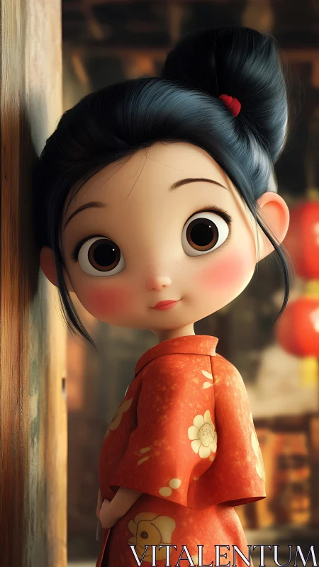 Young girl in orange kimono with large expressive eyes.