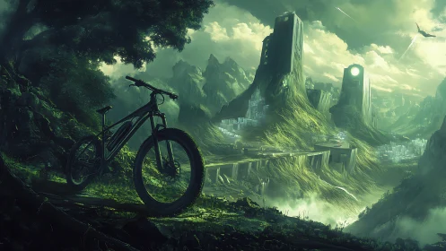 Cyclist surveys futuristic mountain city from verdant overlook.