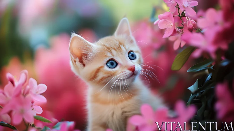 Peach-Tabby Feline with Cerulean Oculi Amid Pink Florals.