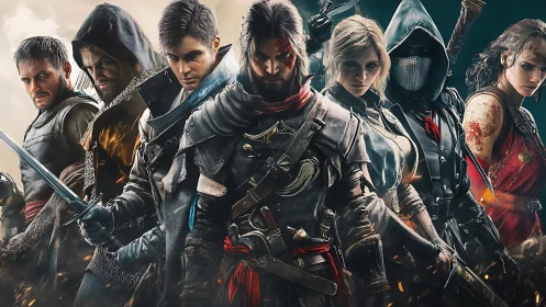 Multi-character fantasy warriors aligned in high-detail digital rendering