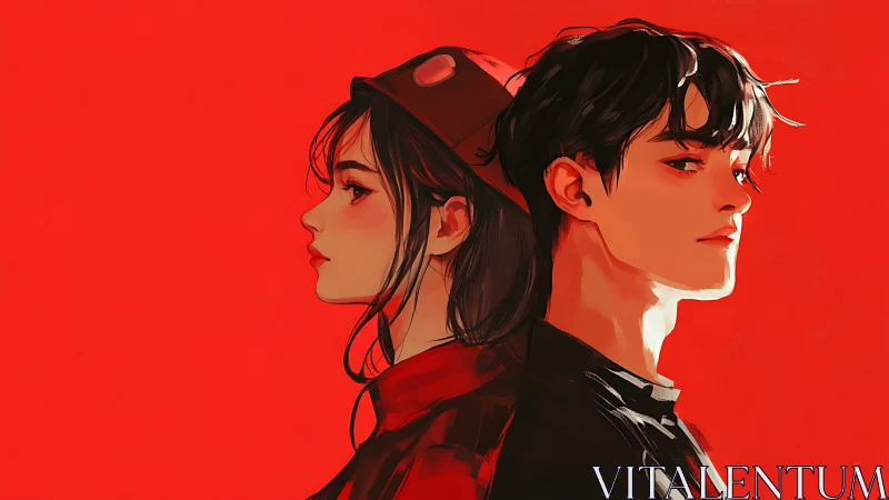 Side lit anime couple back to back on saturated red ground