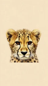 Cheetah cub portrait centered on soft beige field.