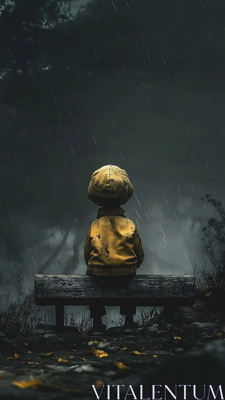 Solitary child in yellow raincoat under heavy nocturnal rainfall
