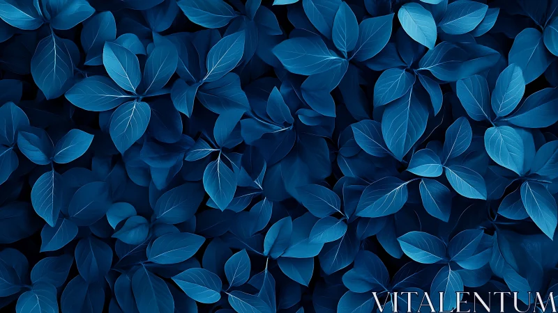 Monochromatic blue foliage pattern with overlapping leaves.